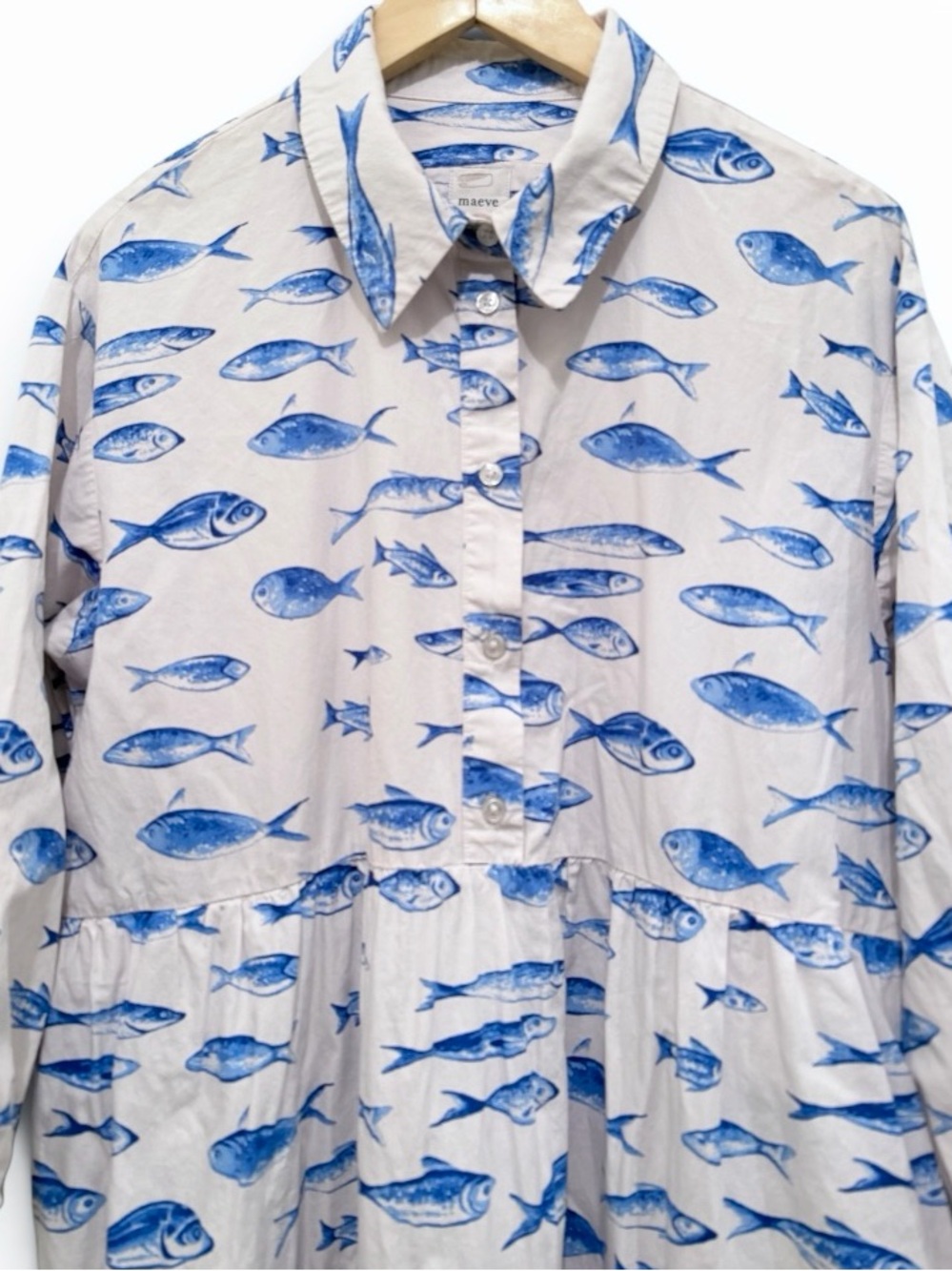 Anthropologie Maeve The Bettina Tiered Shirt Dress Fish print Size L - Picture 9 of 14